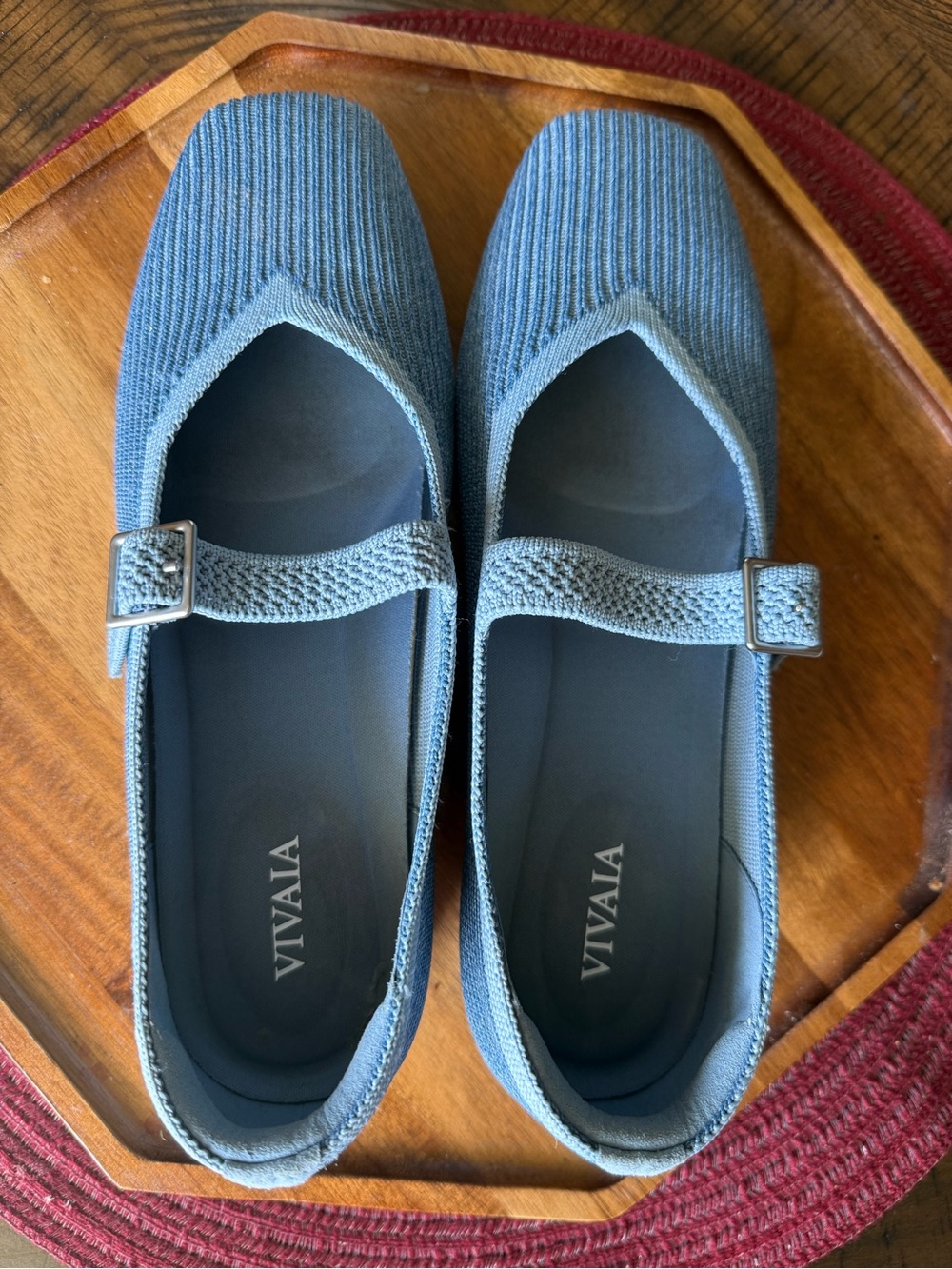 VIVAIA Women's Blue Knit Mary Jane Flats with Adjustable Strap